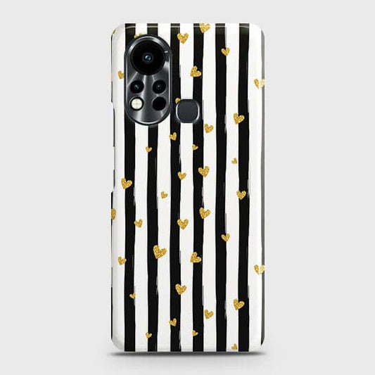 Infinix Hot 11s Cover - Trendy Black & White Strips With Golden Hearts Printed Hard Case with Life Time Colors Guarantee