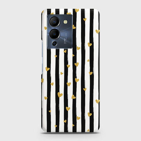 Infinix Note 12 G96 Cover - Trendy Black & White Lining With Golden Hearts Printed Hard Case with Life Time Colors Guarantee