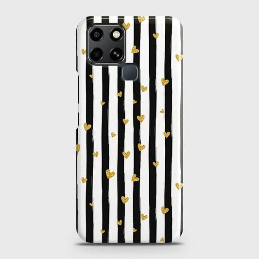 Infinix Smart 6 Cover - Trendy Black & White Strips With Golden Hearts Printed Hard Case with Life Time Colors Guarante