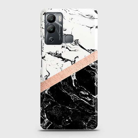 Infinix Hot 12i Cover - Black & White Marble With Chic RoseGold Strip Case with Life Time Colors Guarantee