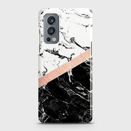 Oneplus Nord 2 Cover - Black & White Marble With Chic RoseGold Strip Case with Life Time Colors Guarantee