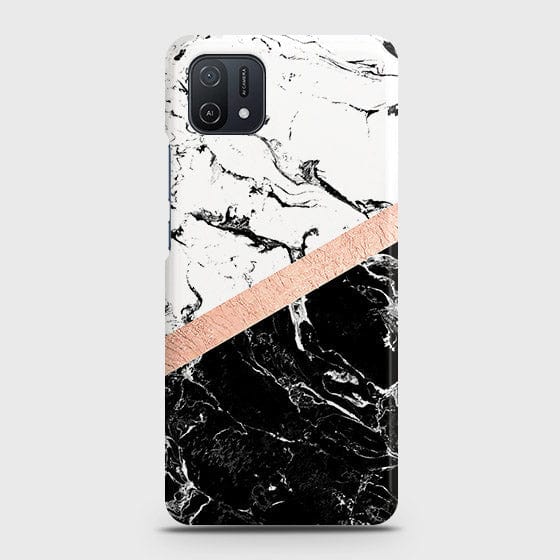 Oppo A16K Cover - Black & White Marble With Chic RoseGold Strip Case with Life Time Colors Guarantee