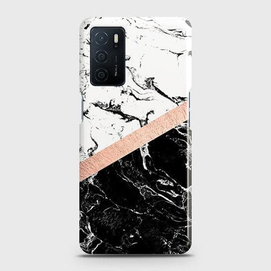 Oppo A16 Cover - Black & White Marble With Chic RoseGold Strip Case with Life Time Colors Guarantee
