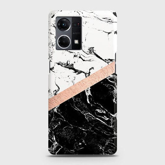 Oppo F21 Pro 4G Cover - Black & White Marble With Chic RoseGold Strip Case with Life Time Colors Guarantee