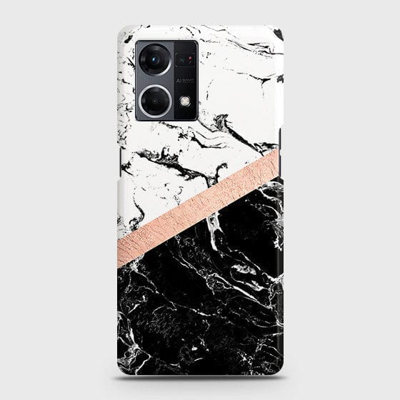 Oppo F21 Pro 4G Cover - Black & White Marble With Chic RoseGold Strip Case with Life Time Colors Guarantee ( Fast Delivery )