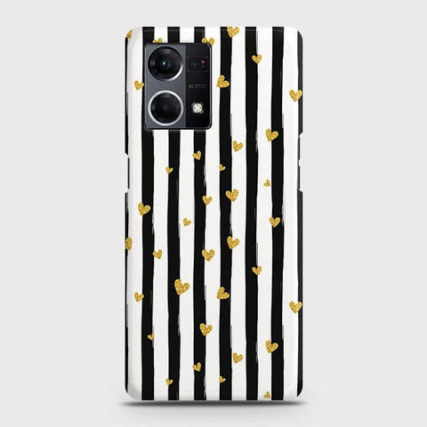 Oppo F21 Pro 4G Cover - Trendy Black & White Lining With Golden Hearts Printed Hard Case with Life Time Colors Guarantee ( Fast Delivery )