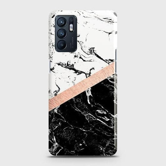 Oppo Reno 6 4G Cover - Black & White Marble With Chic RoseGold Strip Case with Life Time Colors Guarantee