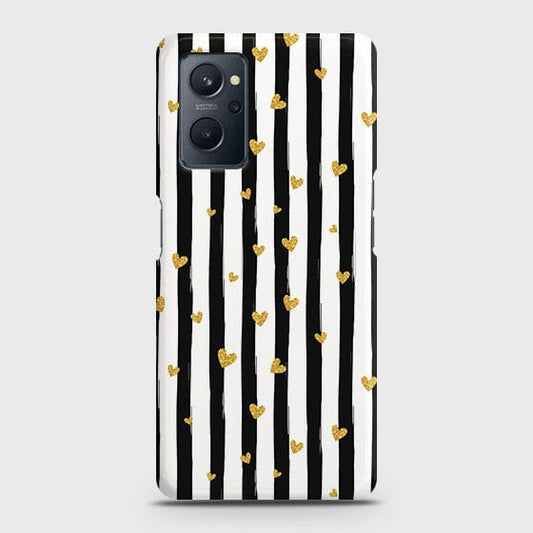 Realme 9i Cover - Trendy Black & White Lining With Golden Hearts Printed Hard Case with Life Time Colors Guarantee