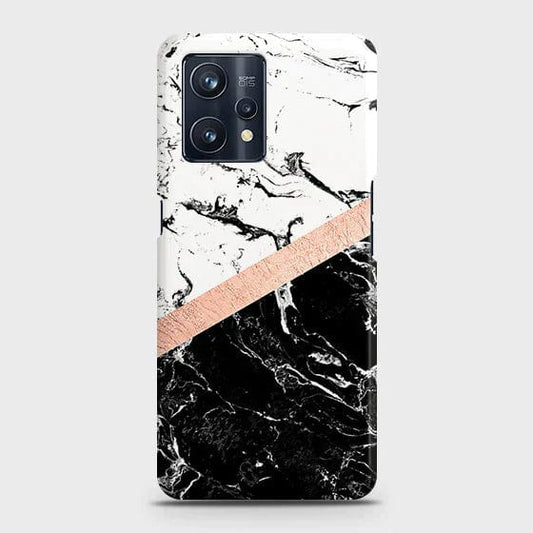 Realme 9 Pro Cover - Matte Finish - Black & White Marble With Chic RoseGold Strip Case with Life Time Colors Guarantee