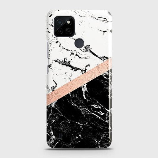 Realme C21Y Cover - Black & White Marble With Chic RoseGold Strip Case with Life Time Colors Guarantee