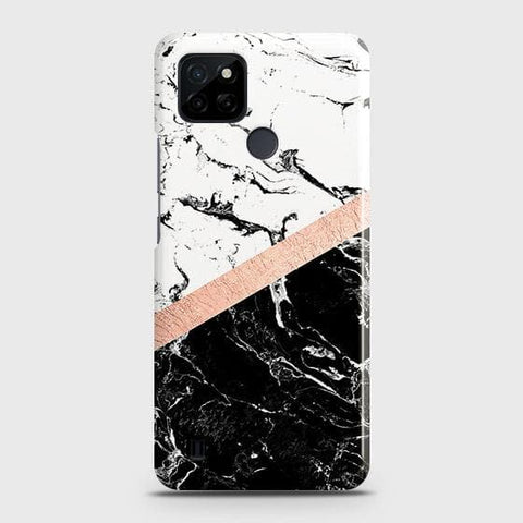 Realme C21Y Cover - Black & White Marble With Chic RoseGold Strip Case with Life Time Colors Guarantee