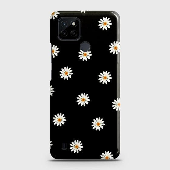 Realme C21Y Cover - Matte Finish - White Bloom Flowers with Black Background Printed Hard Case with Life Time Colors Guarantee