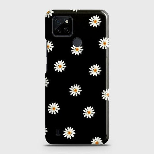 Realme C25Y Cover - Matte Finish - White Bloom Flowers with Black Background Printed Hard Case with Life Time Colors Guarantee