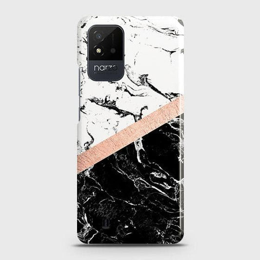 Realme Narzo 50i Cover - Black & White Marble With Chic RoseGold Strip Case with Life Time Colors Guarantee