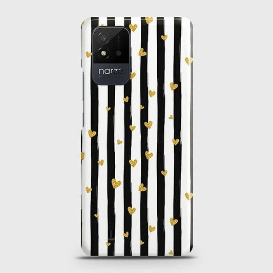 Realme Narzo 50i Cover - Trendy Black & White Strips With Golden Hearts Printed Hard Case with Life Time Colors Guarantee