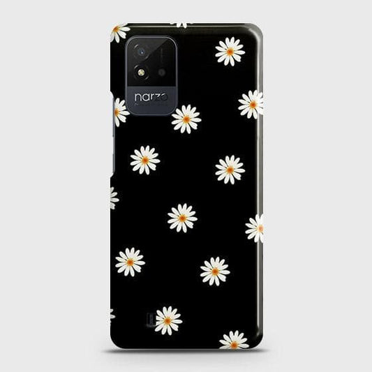 Realme Narzo 50i Cover - Matte Finish - White Bloom Flowers with Black Background Printed Hard Case with Life Time Colors Guarantee