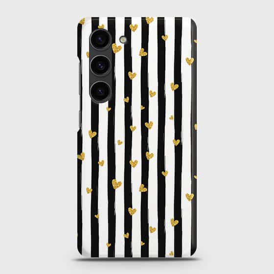 Samsung Galaxy S23 Plus 5G Cover - Trendy Black & White Lining With Golden Hearts Printed Hard Case with Life Time Colors Guarantee