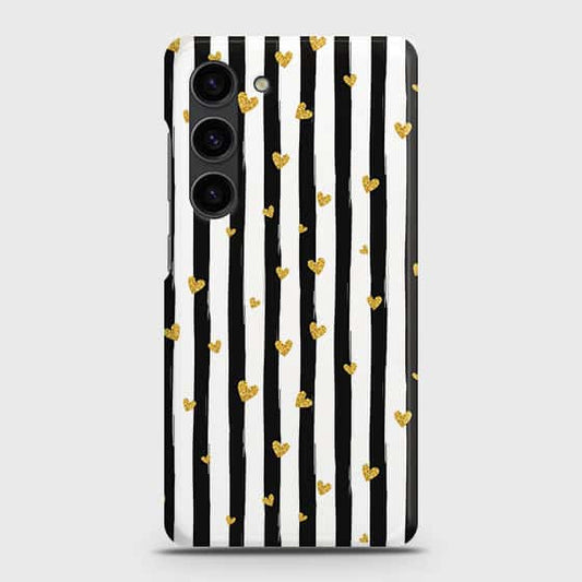 Samsung Galaxy S23 5G Cover - Trendy Black & White Lining With Golden Hearts Printed Hard Case with Life Time Colors Guarantee