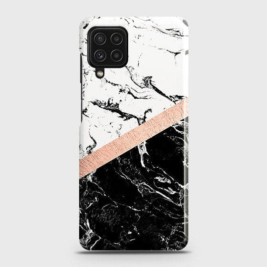 Samsung Galaxy M32 4G Cover - Black & White Marble With Chic RoseGold Strip Case with Life Time Colors Guarantee