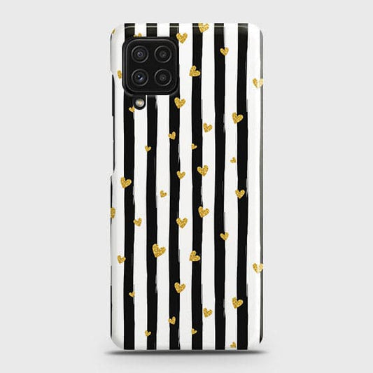 Samsung Galaxy M32 4G Cover - Trendy Black & White Strips With Golden Hearts Printed Hard Case with Life Time Colors Guarantee