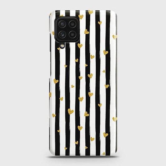 Samsung Galaxy M22 4G Cover - Trendy Black & White Strips With Golden Hearts Printed Hard Case with Life Time Colors Guarantee