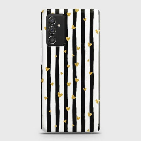 Samsung Galaxy M52 5G Cover - Trendy Black & White Strips With Golden Hearts Printed Hard Case with Life Time Colors Guarantee