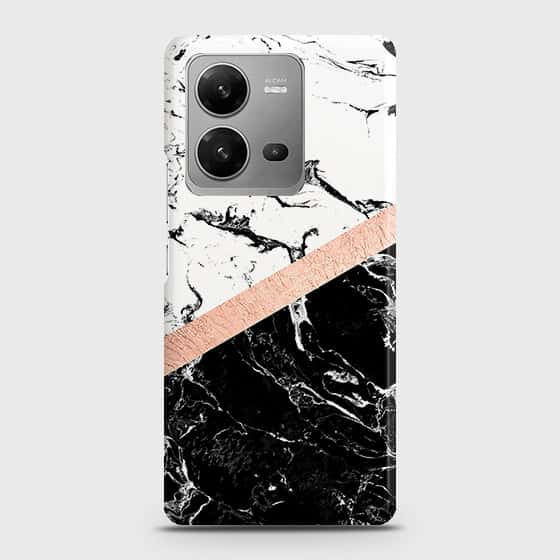 Vivo V25 5G Cover - Black & White Marble With Chic RoseGold Strip Case with Life Time Colors Guarantee