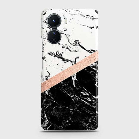 Vivo Y16 Cover - Black & White Marble With Chic RoseGold Strip Case with Life Time Colors Guarantee