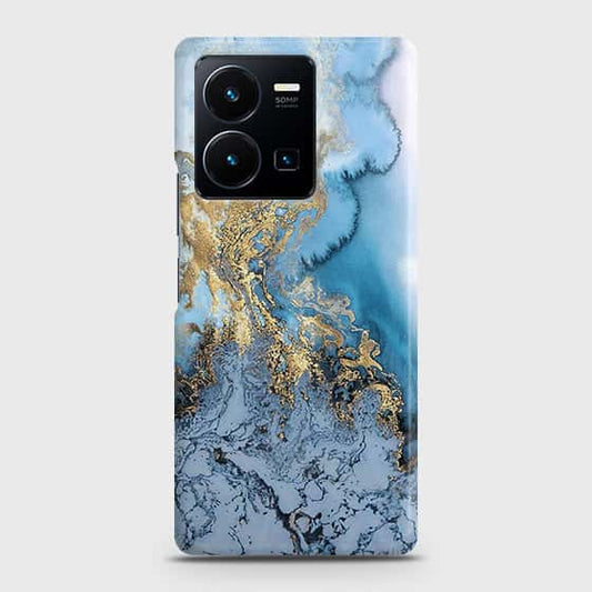 Vivo Y35 4G Cover - Trendy Golden & Blue Ocean Marble Printed Hard Case with Life Time Colors Guarantee