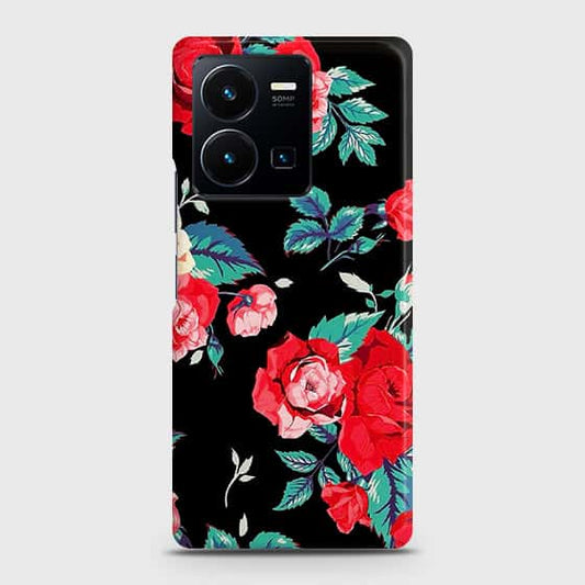 Vivo Y35 4G Cover - Luxury Vintage Red Flowers Printed Hard Case with Life Time Colors Guarantee