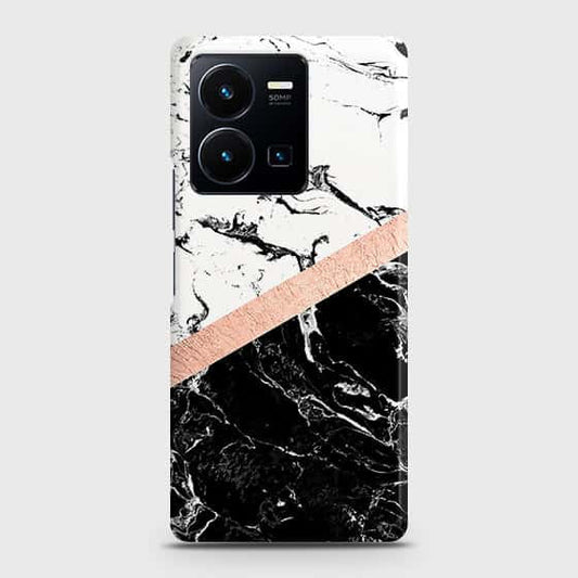 Vivo Y35 4G Cover - Black & White Marble With Chic RoseGold Strip Case with Life Time Colors Guarantee