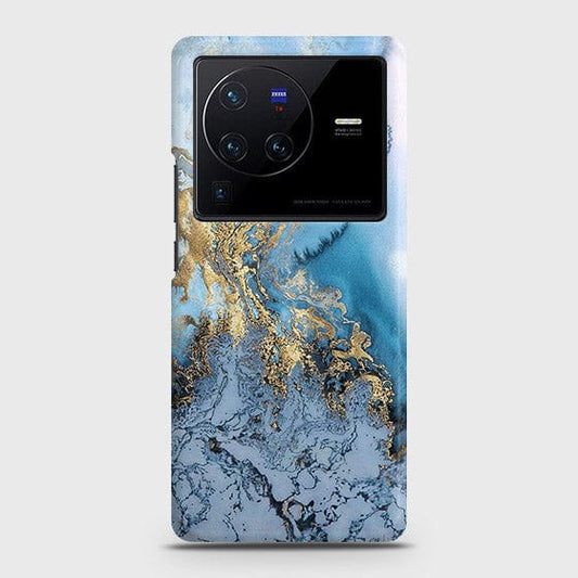 Vivo X80 Cover - Trendy Golden & Blue Ocean Marble Printed Hard Case with Life Time Colors Guarantee