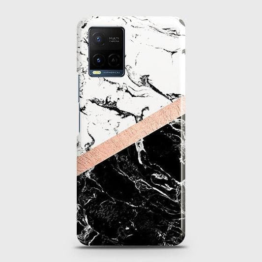 Vivo Y21 Cover - Black & White Marble With Chic RoseGold Strip Case with Life Time Colors Guarantee