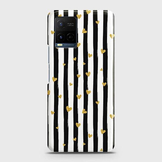Vivo Y21 Cover - Trendy Black & White Strips With Golden Hearts Printed Hard Case with Life Time Colors Guarantee
