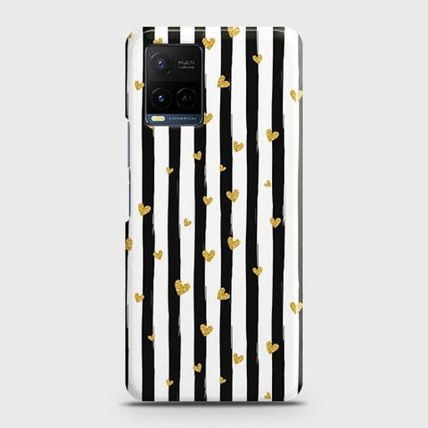 Vivo Y21 Cover - Trendy Black & White Strips With Golden Hearts Printed Hard Case with Life Time Colors Guarantee