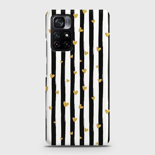 Xiaomi Poco M4 Pro 5G Cover - Trendy Black & White Lining With Golden Hearts Printed Hard Case with Life Time Colors Guarantee