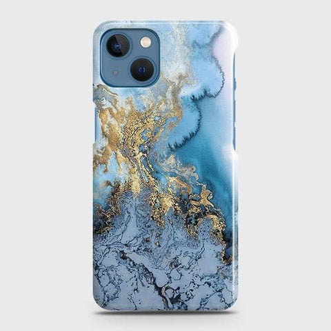iPhone 13 Mini Cover - Trendy Golden & Blue Ocean Marble Printed Hard Case with Life Time Colors Guarantee