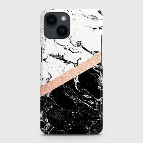 iPhone 14 Cover - Black & White Marble With Chic RoseGold Strip Case with Life Time Colors Guarantee