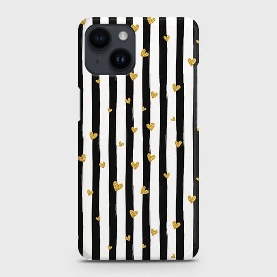iPhone 14 Cover - Trendy Black & White Lining With Golden Hearts Printed Hard Case with Life Time Colors Guarantee