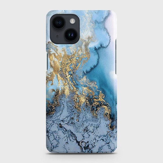iPhone 14 Plus Cover - Trendy Golden & Blue Ocean Marble Printed Hard Case with Life Time Colors Guarantee