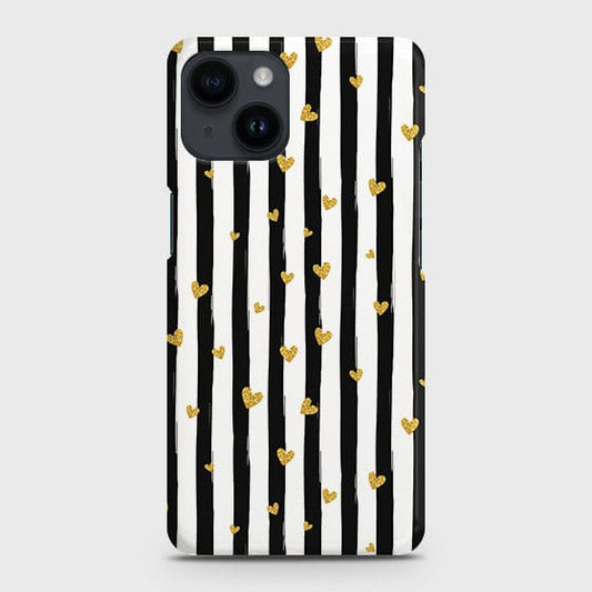 iPhone 14 Plus Cover - Trendy Black & White Lining With Golden Hearts Printed Hard Case with Life Time Colors Guarantee
