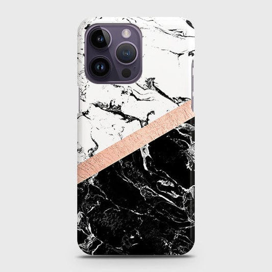iPhone 14 Pro Cover - Black & White Marble With Chic RoseGold Strip Case with Life Time Colors Guarantee