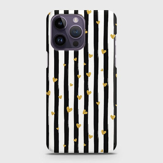 iPhone 14 Pro Cover - Trendy Black & White Lining With Golden Hearts Printed Hard Case with Life Time Colors Guarantee