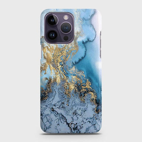 iPhone 14 Pro Max Cover - Trendy Golden & Blue Ocean Marble Printed Hard Case with Life Time Colors Guarantee
