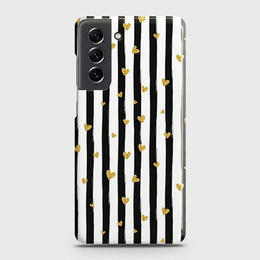 Samsung Galaxy S21 FE 5G Cover - Trendy Black & White Strips With Golden Hearts Printed Hard Case with Life Time Colors Guarantee