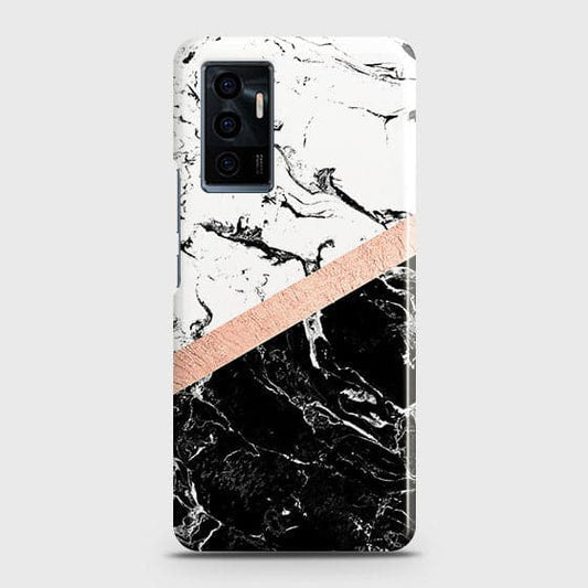 Vivo V23e Cover - Black & White Marble With Chic RoseGold Strip Case with Life Time Colors Guarantee