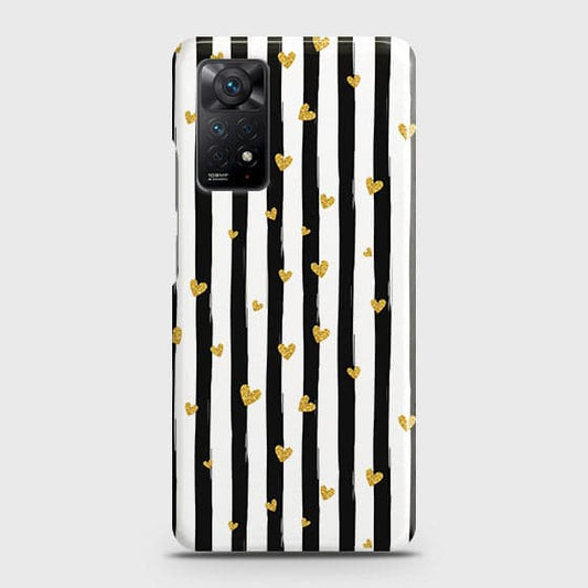Xiaomi Redmi Note 11 Pro 5G Cover - Trendy Black & White Strips With Golden Hearts Printed Hard Case with Life Time Colors Guarantee