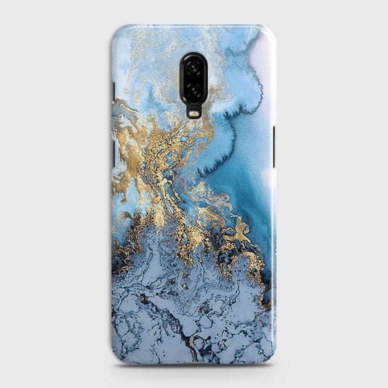 OnePlus 6T - Trendy Golden & Blue Ocean Marble Printed Hard Case with Life Time Colors Guarantee