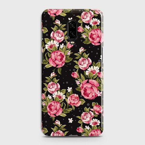 OnePlus 6T Cover - Trendy Pink Rose Vintage Flowers Printed Hard Case with Life Time Colors Guarantee