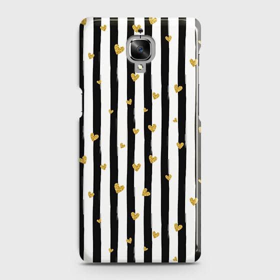 OnePlus 3 Cover - Trendy Black & White Lining With Golden Hearts Printed Hard Case with Life Time Colors Guarantee